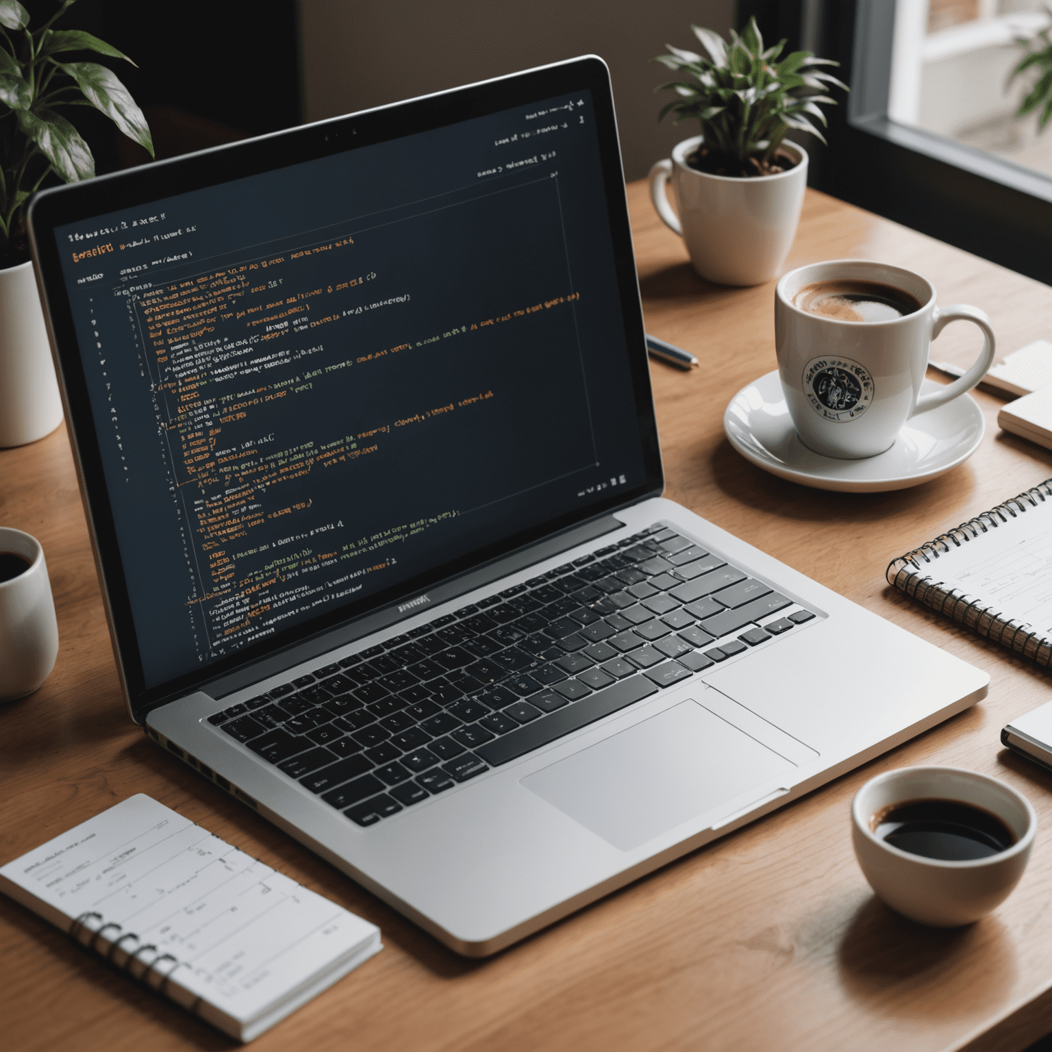 Ekran komputera z kodem Python, obok leży notatnik z diagramami algorytmów i kubek kawy