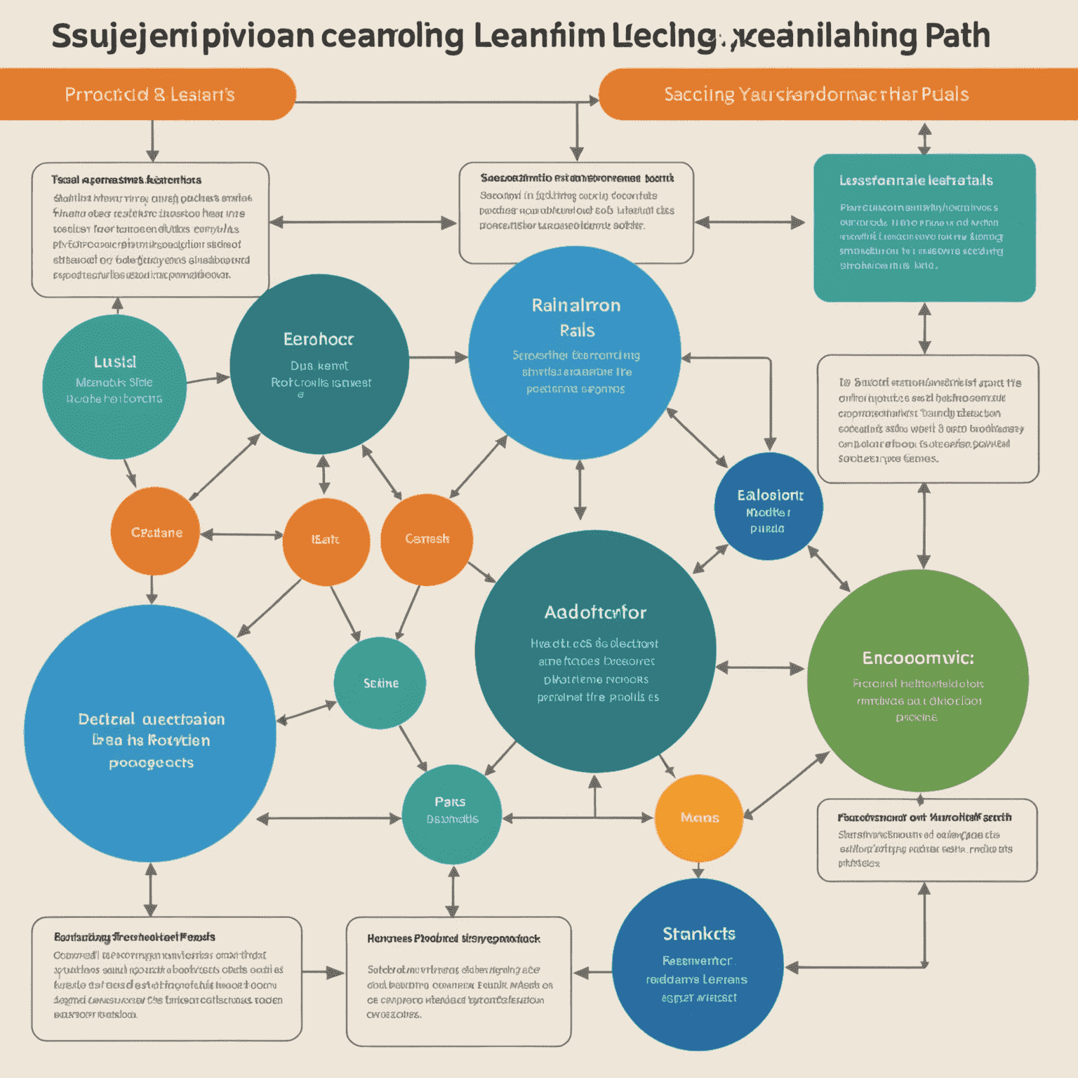 Diagram przedstawiający spersonalizowaną ścieżkę nauki z różnymi modułami i punktami decyzyjnymi, dostosowanymi do profilu użytkownika